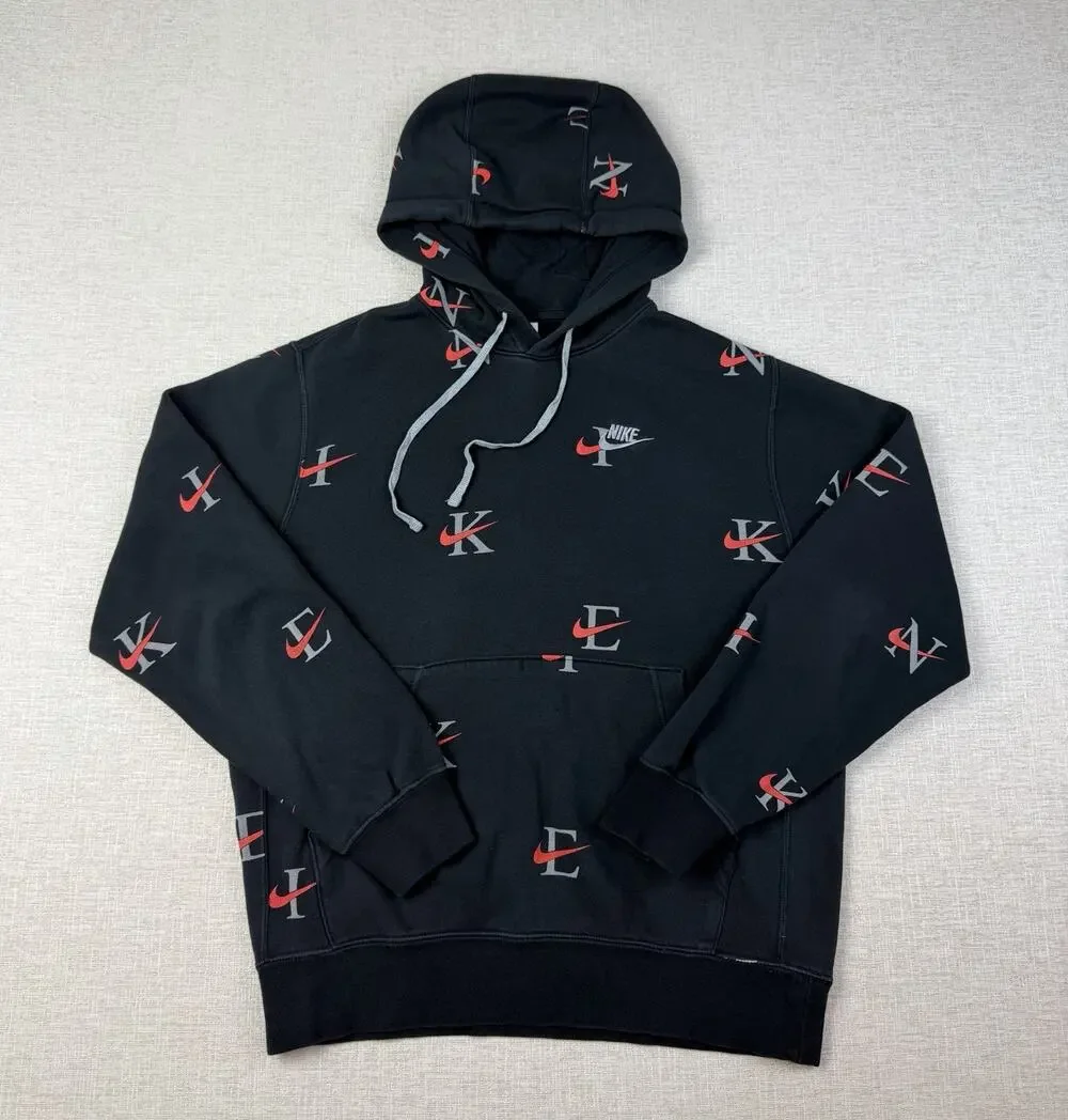 Nike All Over Logo Pullover Hoodie Black Men’s Small Fleece Swoosh Graphic
